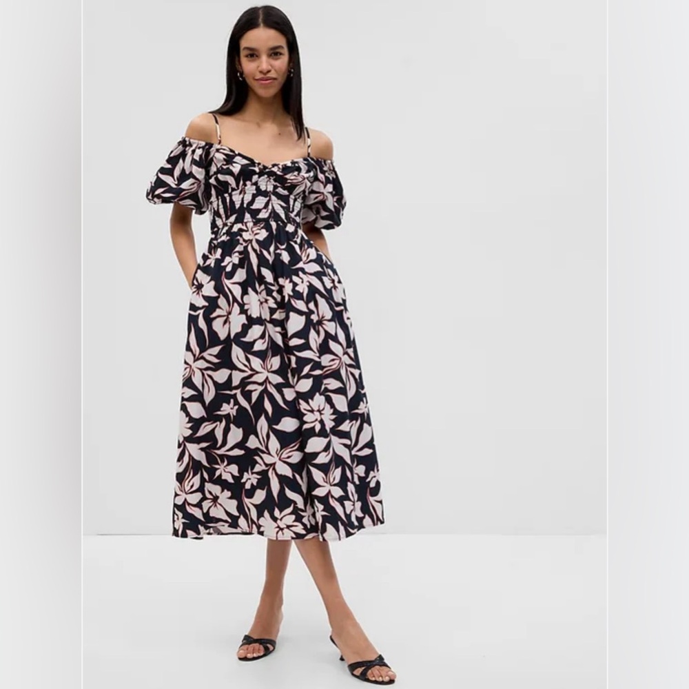 GAP Black, Orange & White Floral Midi Dress